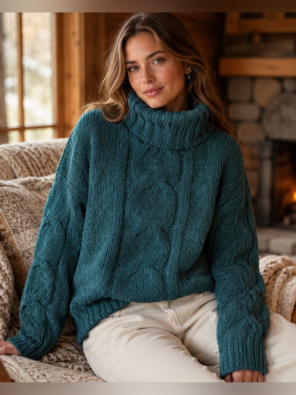 Seven7 Teal Chenille Cable-Knit Turtleneck Sweater Oversized SOFT— Size Medium